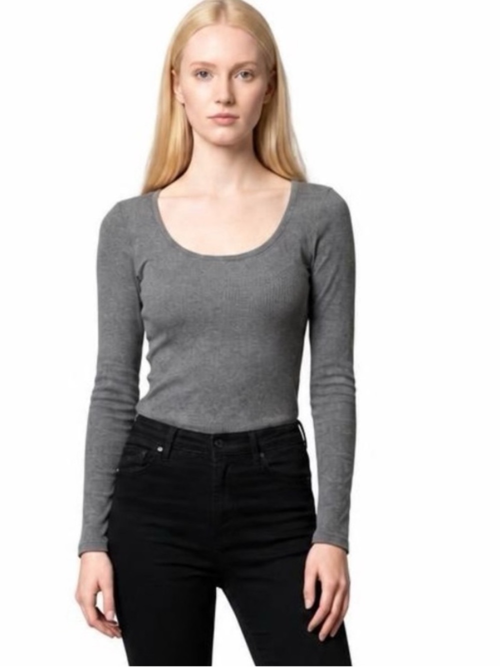 Club Monaco Gray Ribbed Knit Scoop Neck Long Sleeve Fitted Top